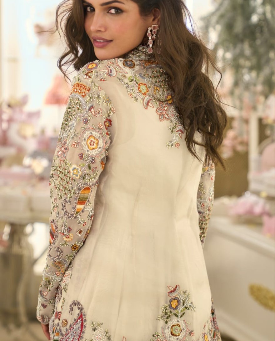 WHITE - Cream Silk Embroidered Work Designer Gown for Ceremonial